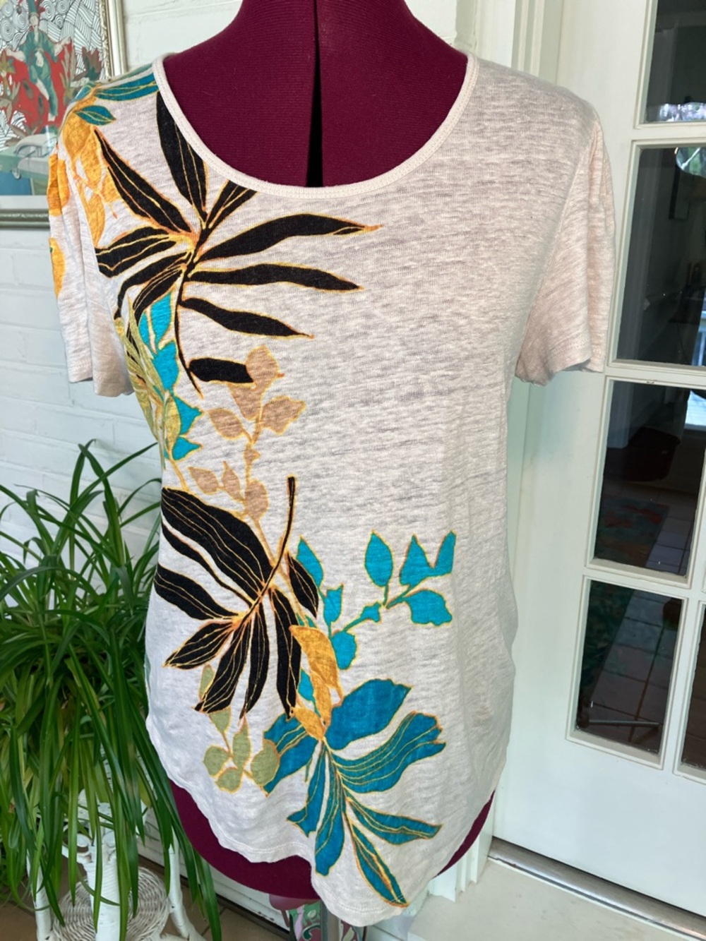 Chico's Cream Short-Sleeve Linen Tee with Teal & Gold Botanical Design